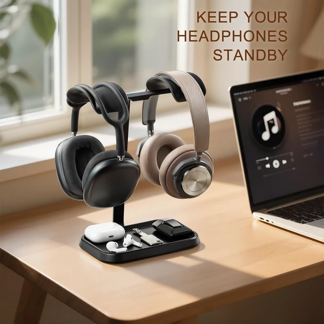 Alt view image 7 of 10 - QinCoon Dual Headphone Stand, Double Balanced Headset Stand with Storage Tray, Heavy Base Gaming Headset Holder for Desk (Black)
