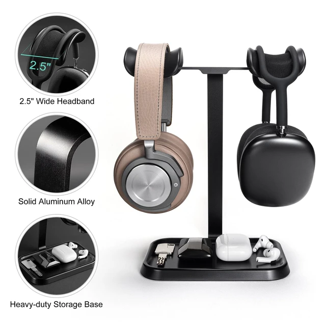 Alt view image 9 of 10 - QinCoon Dual Headphone Stand, Double Balanced Headset Stand with Storage Tray, Heavy Base Gaming Headset Holder for Desk (Black)