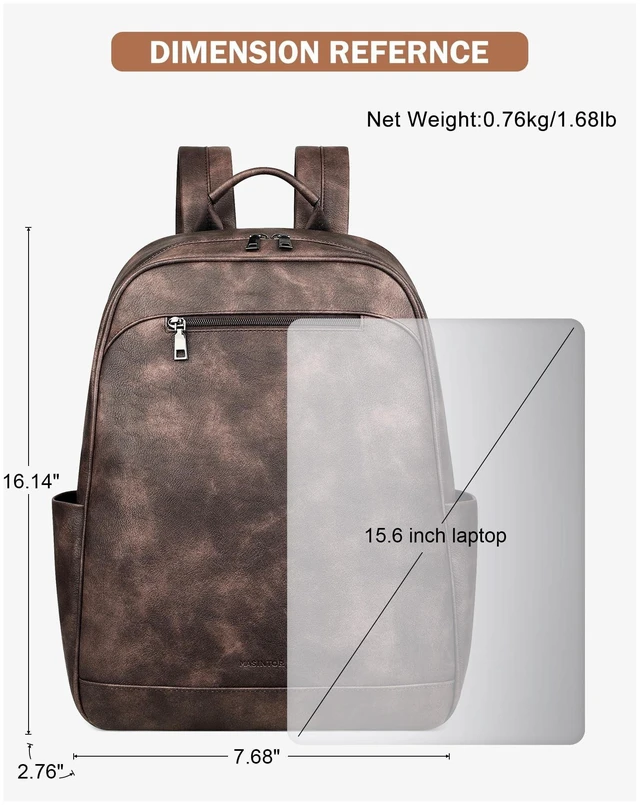 Alt view image 10 of 10 - MASINTOR 15.6 inch Leather Laptop Backpack Purse for Women, Designer Travel and Work Bag with Laptop Compartment Retro Coffee