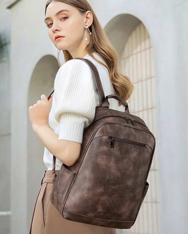 Alt view image 7 of 10 - MASINTOR 15.6 inch Leather Laptop Backpack Purse for Women, Designer Travel and Work Bag with Laptop Compartment Retro Coffee