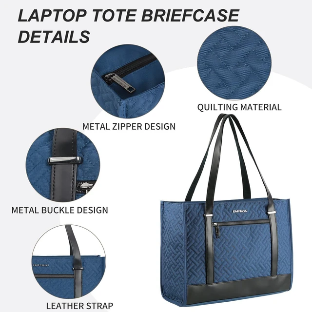 Alt view image 9 of 10 - EMPSIGN Laptop Tote Bag for Women 16 Inch, Stylish Computer Shoulder Tote Bag for Work, Large Capacity Quilted Laptop Briefcase, Waterproof Women Business Office Bag, Quilted Haze Blue