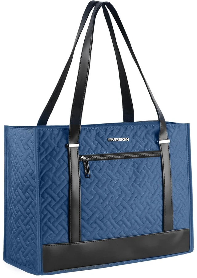 Alt view image 6 of 10 - EMPSIGN Laptop Tote Bag for Women 16 Inch, Stylish Computer Shoulder Tote Bag for Work, Large Capacity Quilted Laptop Briefcase, Waterproof Women Business Office Bag, Quilted Haze Blue
