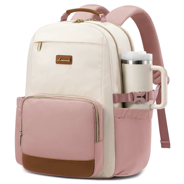 Alt view image 6 of 10 - LOVEVOOK Laptop Backpack for Women with Pouch Pocket for Large Capacity Cup,17 Inch Teacher Nurse College Work Backpack Purse,Waterproof Laptop Bag Computer Back Pack for Travel, Beige-Pink-Brown