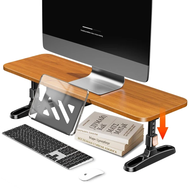 Alt view image 6 of 10 - NIFBANG Wooden Monitor Stand Riser for Desk,Adjustable Height Monitor Shelf Riser with Phone Holder,Desk Storage Organizer Accessories,Wood Computer Screen Stands for Office,Home,Laptop,Printer,TV