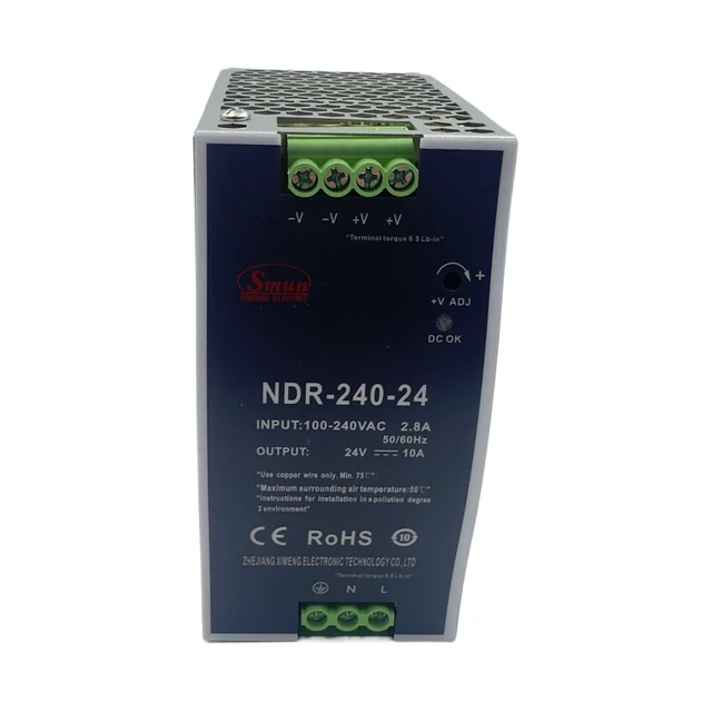 Alt view image 6 of 10 - NDR-240-24 240W 24V 10A Single-Output DIN-Rail Industrial Power Supply, Ideal for PLCs, Industrial Automation, Sensors and Control Equipment
