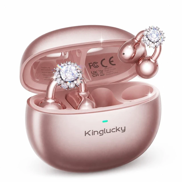 Alt view image 6 of 10 - Kinglucky Clip-On Open Ear Earbuds with Detachable Diamond Earrings, Bluetooth 5.4 Open Ear Wireless Headphones for Women, 40H Playtime, Comfortable Small-Ear Fit, Rose Gold