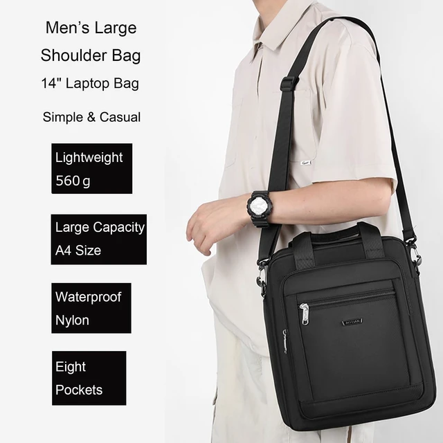 Alt view image 7 of 10 - zhongningyifeng Men's Messenger Bag 14-inch Laptop Bag Nylon Large Shoulder Bag Business Waterproof Casual Black Crossbody Bag for Work Travel Outdoor