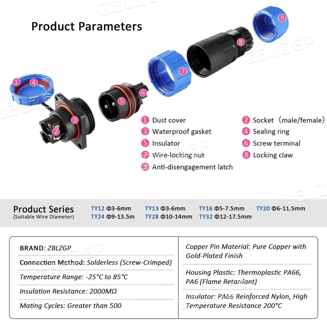 Alt view image 7 of 8 - ZBLZGP TY28 4 Pin Solder-Free Waterproof Connector, IP68 Male Female Bulkhead Panel Mount Quick Disconnect, 45A 10AWG Wire Plug Socket 2 Pack