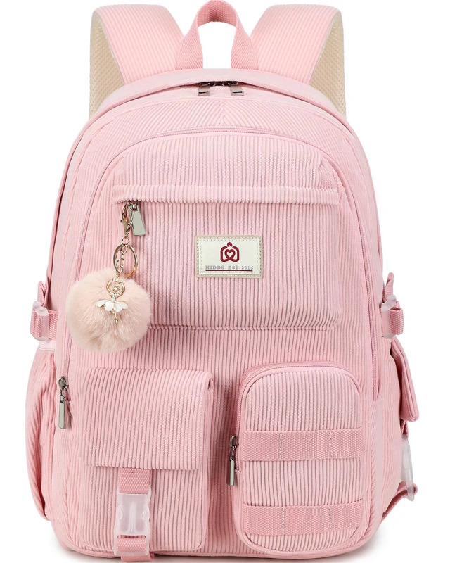 Alt view image 6 of 10 - Hidds School Backpack for Teens Girls Women 15.6 Inch Laptop College Backpacks Corduroy Kids Bookbag Students Travel Daypack Womens (Pink)