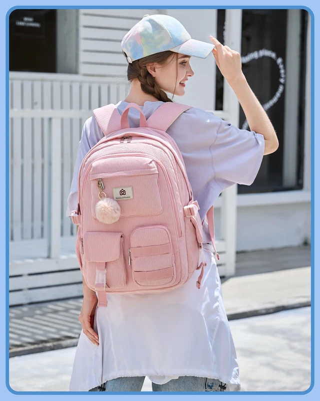 Alt view image 7 of 10 - Hidds School Backpack for Teens Girls Women 15.6 Inch Laptop College Backpacks Corduroy Kids Bookbag Students Travel Daypack Womens (Pink)
