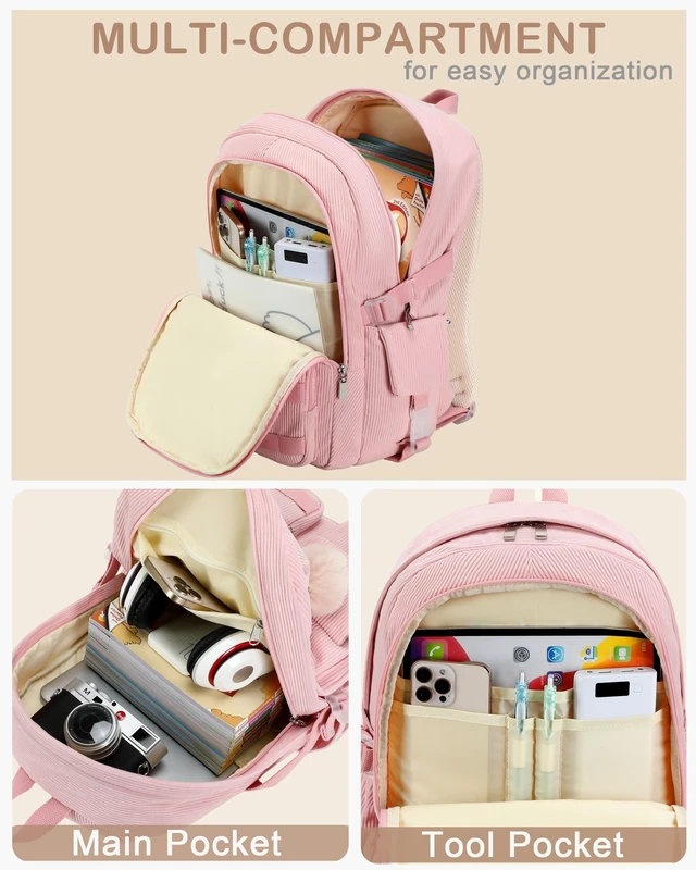 Alt view image 8 of 10 - Hidds School Backpack for Teens Girls Women 15.6 Inch Laptop College Backpacks Corduroy Kids Bookbag Students Travel Daypack Womens (Pink)