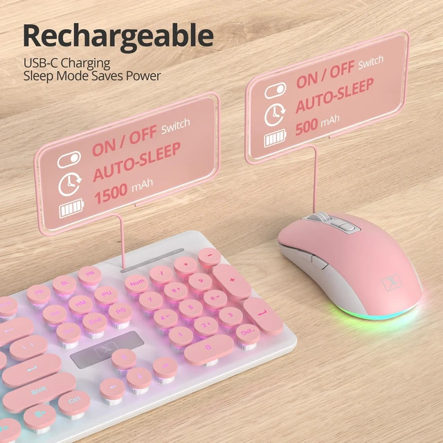 Alt view image 9 of 10 - Pink Wireless Keyboard and Mouse, Quiet Light Up Typewriter Keyboard, Rechargeable Full-Size 2.4GHz Connection for Windows PC Laptop