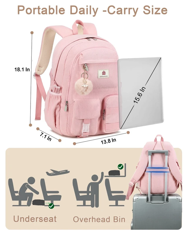 Alt view image 10 of 10 - Hidds School Backpack for Teens Girls Women 15.6 Inch Laptop College Backpacks Corduroy Kids Bookbag Students Travel Daypack Womens (Pink)