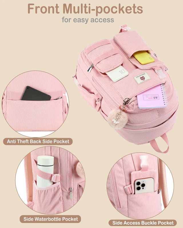 Alt view image 9 of 10 - Hidds School Backpack for Teens Girls Women 15.6 Inch Laptop College Backpacks Corduroy Kids Bookbag Students Travel Daypack Womens (Pink)