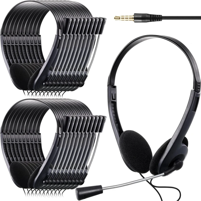 Alt view image 6 of 10 - Yunsailing 30 Pack Classroom Headphones with Microphone Headphones Bulk Class Set Lightweight Adjustable Earphones on Ear with 3.5 mm Jack(Black,Metal Stem)