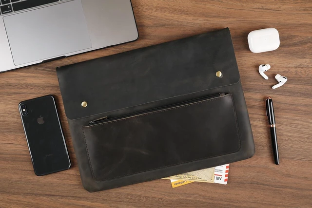 Alt view image 9 of 10 - Genuine Leather Sleeve for 13/14/15-in MacBook Pro & MacBook Air, Slim Protective Laptop Case, Folio Document Organizer Leather Folder Portfolio-Grey