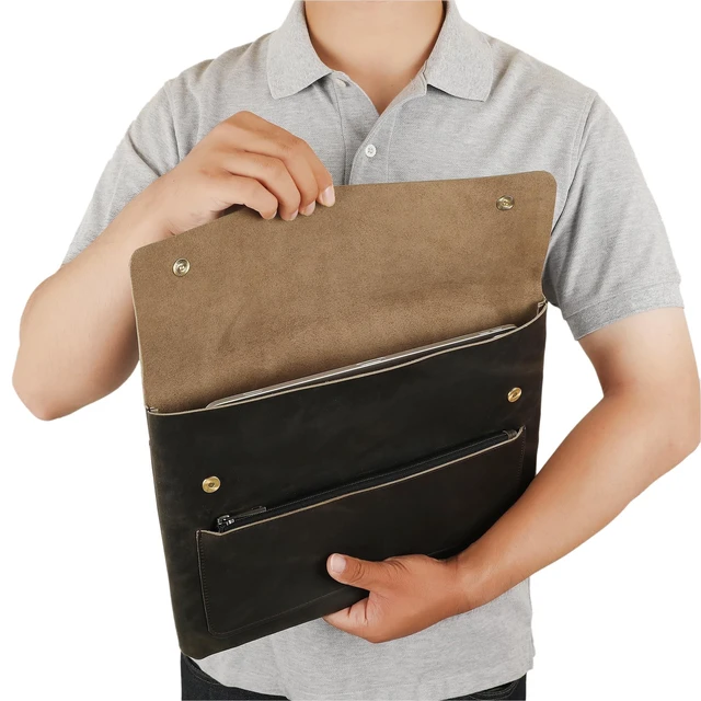 Alt view image 8 of 10 - Genuine Leather Sleeve for 13/14/15-in MacBook Pro & MacBook Air, Slim Protective Laptop Case, Folio Document Organizer Leather Folder Portfolio-Grey