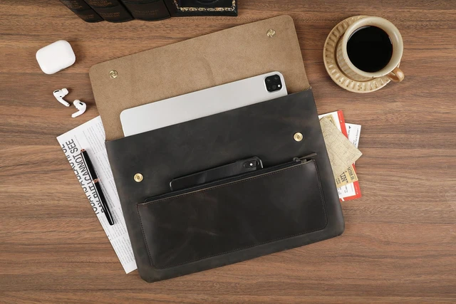 Alt view image 10 of 10 - Genuine Leather Sleeve for 13/14/15-in MacBook Pro & MacBook Air, Slim Protective Laptop Case, Folio Document Organizer Leather Folder Portfolio-Grey