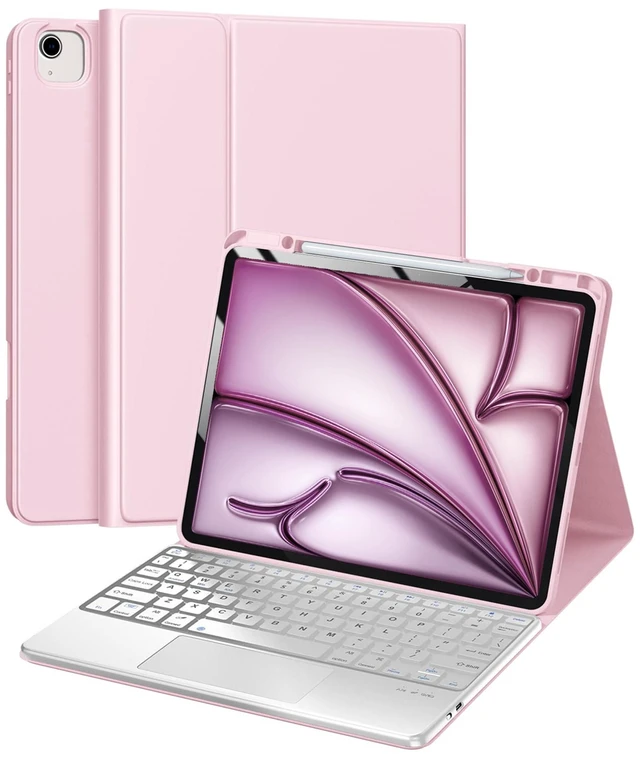 Alt view image 6 of 10 - Keyboard Case for iPad Air 13 (M3, 2025/M2, 2024) & iPad Pro 12.9 inch 6th/5th/4th/3rd Generation - Wireless Bluetooth Keyboard with Multi-Touch Trackpad, Smart Folio Cover with Pencil Holder - Pink