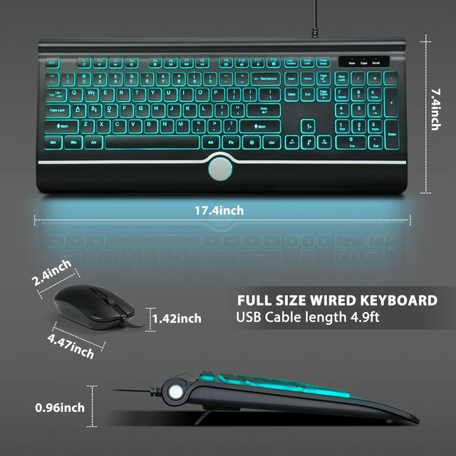 Alt view image 7 of 10 - Wired Keyboard and Mouse Combo, Backlit Computer Keyboards with Wrist Rest, Light Up Keyboard Easy to See, 7-Color Backlit Keyboard and Optical Mouse for Windows, PC, Laptop, USB Plug and Play