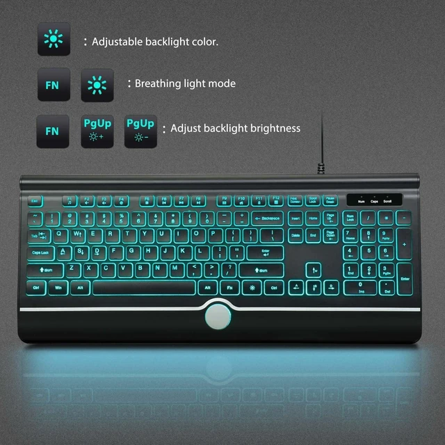 Alt view image 10 of 10 - Wired Keyboard and Mouse Combo, Backlit Computer Keyboards with Wrist Rest, Light Up Keyboard Easy to See, 7-Color Backlit Keyboard and Optical Mouse for Windows, PC, Laptop, USB Plug and Play