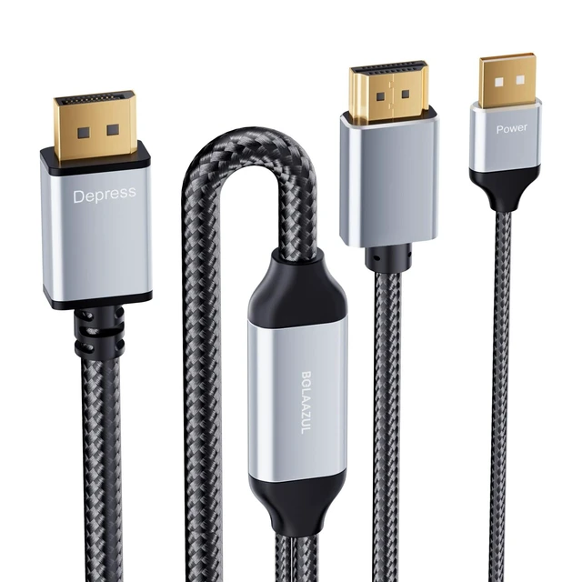 Alt view image 6 of 10 - BolAAzuL 4K HDMI to DisplayPort Cable 6.6ft - Unidirectional HDMI Source to Displayport Monitor Cable - USB Powered/Male/Male/Braided