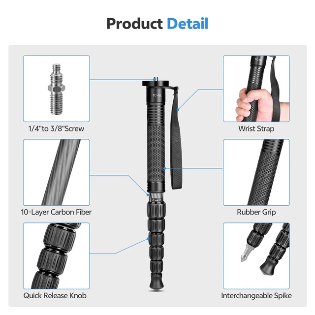 Alt view image 9 of 10 - TONYBOO 61" Carbon Fiber Camera Monopod,28mm 6-Section Height,Portable Lightweight,Max Load 16 lbs,Travel Monopod for DSLR Mirrorless Cameras Camcorders Compatible with Canon Nikon Sony