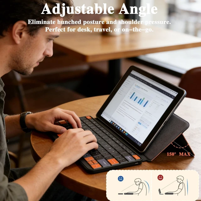 Alt view image 10 of 10 - Luntak Foldable Keyboard with Backlit, Ultra Light Portable Wireless Keyboard with Adjustable Angle Stand & Leather Case,Compact Travel Bluetooth Keyboard for iPad mini,iPhone, Windows, iOS & Android