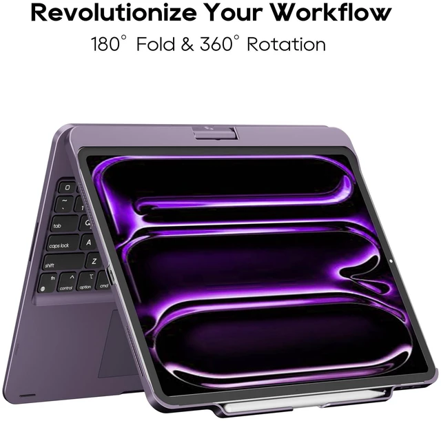 Alt view image 7 of 10 - edaiser Swivel Keyboard Case for Apple 2025 iPad Air 13-inch (M3-M2), iPad Pro 13 inch M4 2024, iPad Pro 12.9-inch (6th-3rd Gen); Rotatable Cover with Pencil Holder, Trackpad, Backlit, Purple