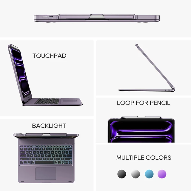 Alt view image 9 of 10 - edaiser Swivel Keyboard Case for Apple 2025 iPad Air 13-inch (M3-M2), iPad Pro 13 inch M4 2024, iPad Pro 12.9-inch (6th-3rd Gen); Rotatable Cover with Pencil Holder, Trackpad, Backlit, Purple