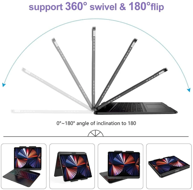 Alt view image 9 of 10 - Keyboard Case for iPad Pro 12.9 inch 6th/5th/4th/3rd Gen, 7 Modes Rainbow Backlight, Wireless Multi-Touch Trackpad, 360Swivel Rotatable Protective Case with Pencil Holder, Large Battery, Thin & Light