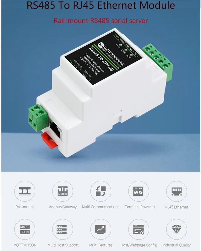 Alt view image 7 of 10 - waveshare Ethernet Industrial Serial Server RS485 to RJ45 Ethernet Module, TCP/IP to Serial, Support Rail-Mount/Modbus Gateway, TCP Server/TCP Client/UDP Mode/UDP Multicast Multi Communication Modes