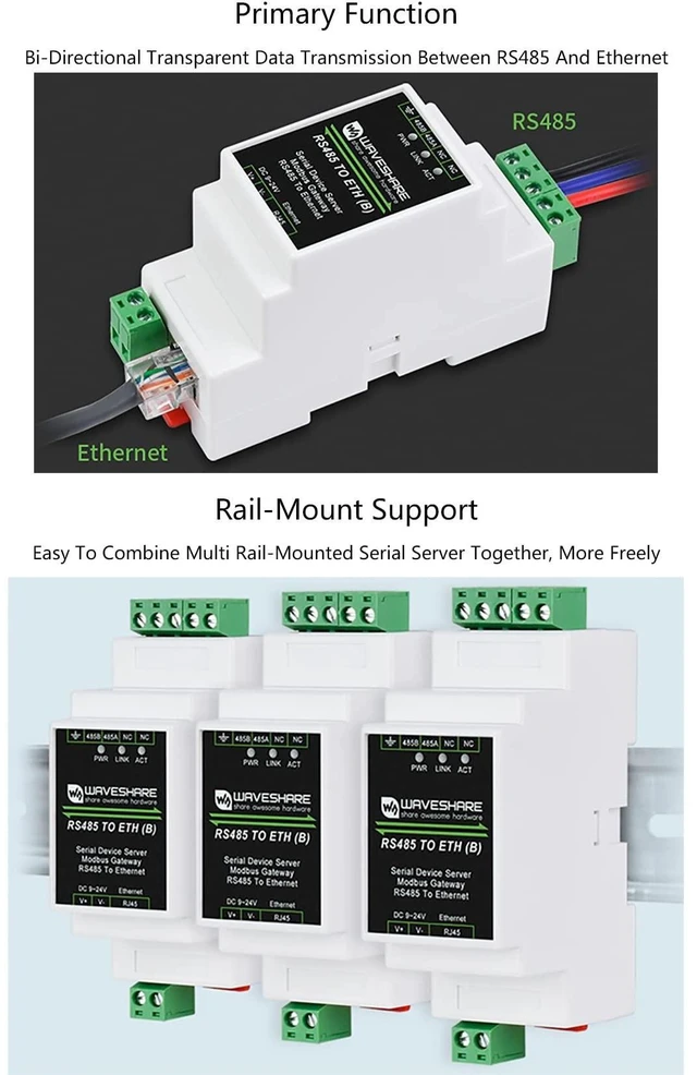 Alt view image 8 of 10 - waveshare Ethernet Industrial Serial Server RS485 to RJ45 Ethernet Module, TCP/IP to Serial, Support Rail-Mount/Modbus Gateway, TCP Server/TCP Client/UDP Mode/UDP Multicast Multi Communication Modes