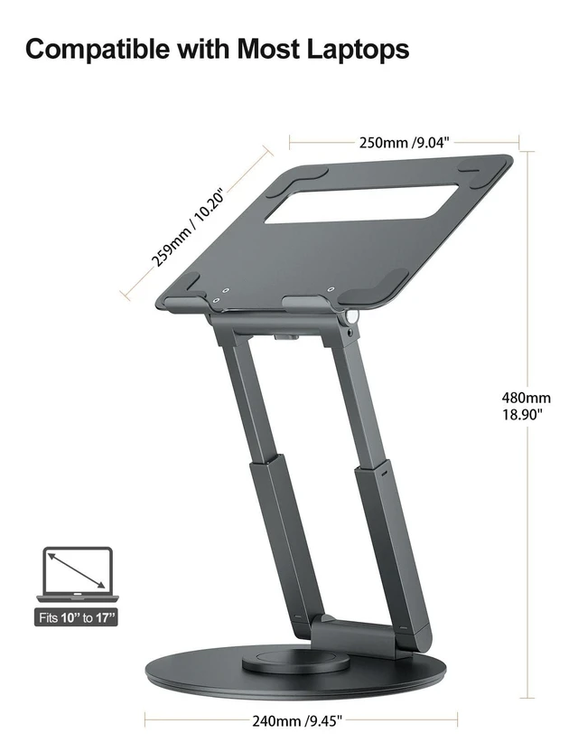 Alt view image 9 of 10 - tounee Telescopic Laptop Stand for Desk with 360 Swivel Base, Sit to Stand, Height Adjustable, Portable Riser Holder for Good Posture, Compatible with MacBook Pro, All Laptops 10-17"-Gray