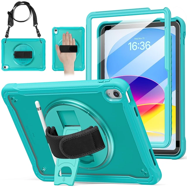 Alt view image 6 of 10 - BRAECNstock case for iPad (A16) 11th/10th Generation 11/10.9 inch 2025/2022,Rugged Shockproof Protective Cover with 360 Rotating Hand Strap/Stand,Screen Protector,Pencil Holder,Light Blue
