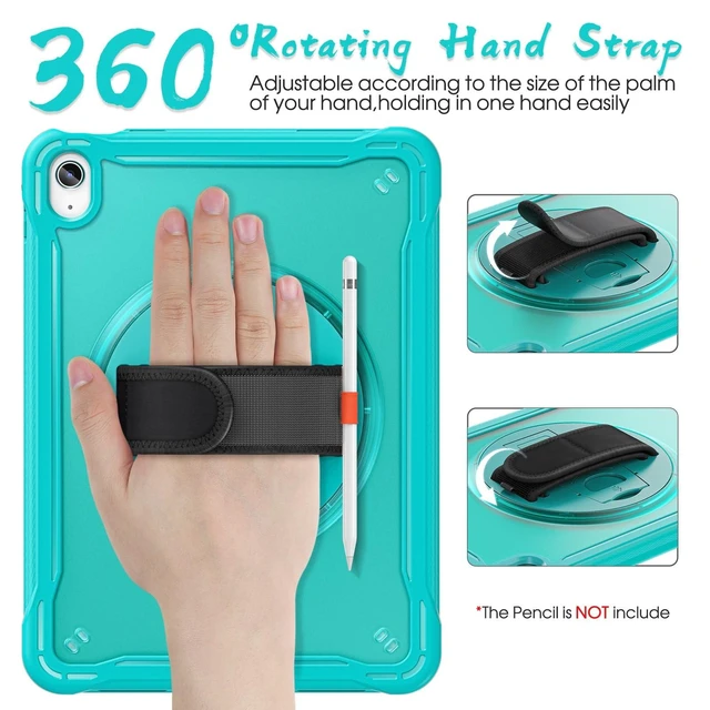 Alt view image 8 of 10 - BRAECNstock case for iPad (A16) 11th/10th Generation 11/10.9 inch 2025/2022,Rugged Shockproof Protective Cover with 360 Rotating Hand Strap/Stand,Screen Protector,Pencil Holder,Light Blue