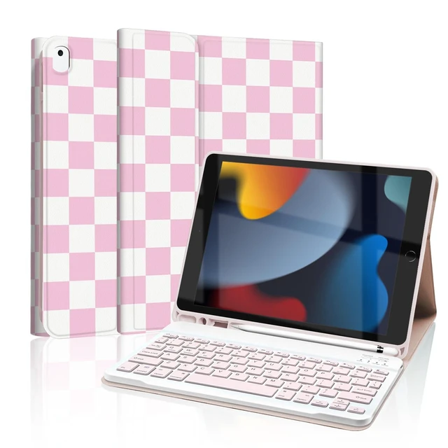 Alt view image 6 of 10 - Mewealth Keyboard Case for iPad 9th / 8th / 7th Generation 10.2 Inch with Pencil Holder, Detachable Keyboard Cover for iPad Pro 10.5" / iPad Air 3rd, Checkered Plaid Pink-White