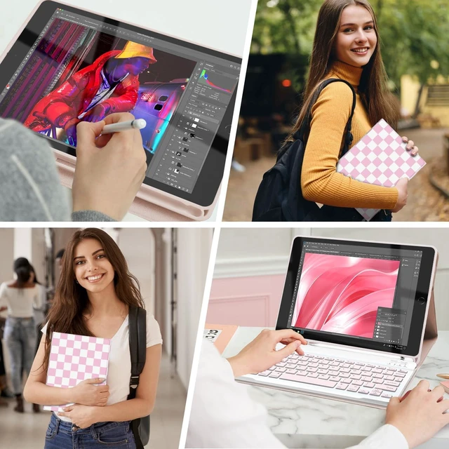 Alt view image 10 of 10 - Mewealth Keyboard Case for iPad 9th / 8th / 7th Generation 10.2 Inch with Pencil Holder, Detachable Keyboard Cover for iPad Pro 10.5" / iPad Air 3rd, Checkered Plaid Pink-White