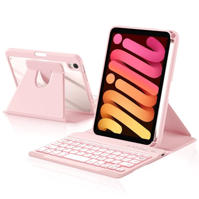 Alt view image 6 of 10 - Harvopu for iPad mini 7 A17 Pro/6 Generation Keyboard Case 2024/2021 8.3 Inch,360 Rotating Clear Back Cover with 7 Color Backlit Detachable Keyboard, Pencil Holder for iPad mini 7th/6th Gen,Pink