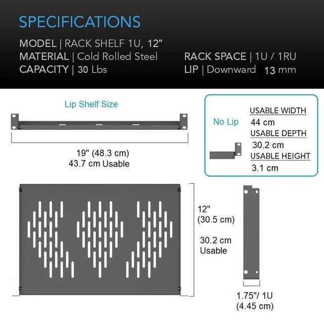 Alt view image 7 of 10 - Beiyier 2PCS 1U Server Rack Shelf, Suitable for 19" Network Equipment Racks and Cabinets, Ventilated Cantilever Tray, Depth of 12 inches, Well-Ventilated (Black)