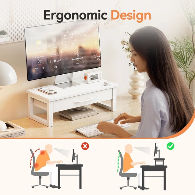 Alt view image 7 of 10 - HEWORLIF Desk Organizers and Accessories, Computer Monitor Stand Riser with Drawer, White Laptop Stand for Desk with Storage, Office Organization, Wood