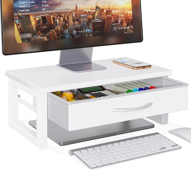 Alt view image 6 of 10 - HEWORLIF Desk Organizers and Accessories, Computer Monitor Stand Riser with Drawer, White Laptop Stand for Desk with Storage, Office Organization, Wood