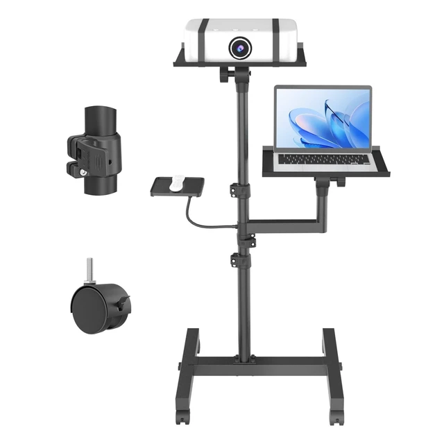 Alt view image 6 of 10 - GSOW 2 Shelves Mobile Projector Stand, Rolling Laptop Stand Adjustable Height to 47 Inches, Podium Stands with Ventilated Tray, Heavy Duty, Laptop Floor Stand for Office, Home, Stage, DJ