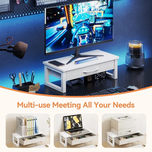 Alt view image 10 of 10 - HEWORLIF Desk Organizers and Accessories, Computer Monitor Stand Riser with Drawer, White Laptop Stand for Desk with Storage, Office Organization, Wood