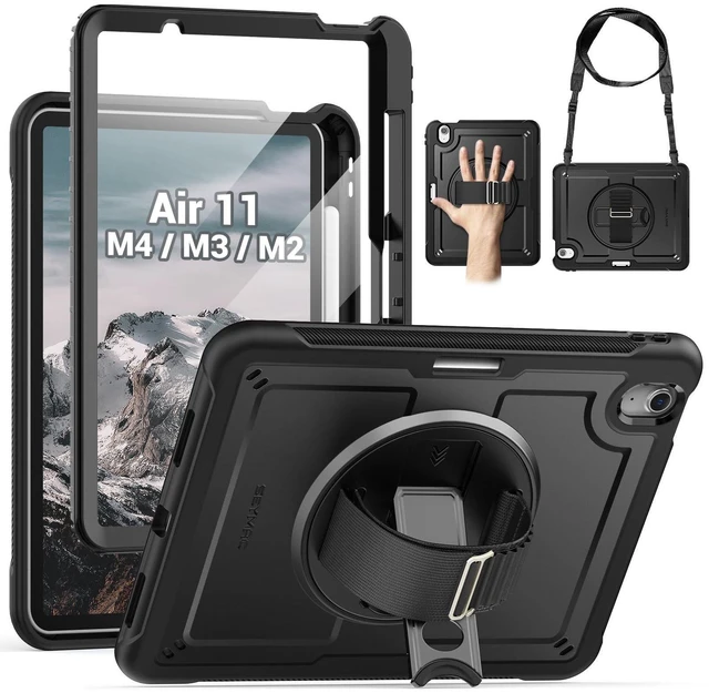 Alt view image 6 of 10 - SEYMAC for iPad Air 11 Inch Case M4 / M3 / M2 (2026/2025 / 2024), Full-Body Shockproof Protective Case with Screen Protector, Rotating Stand, Hand/Shoulder Strap, Black