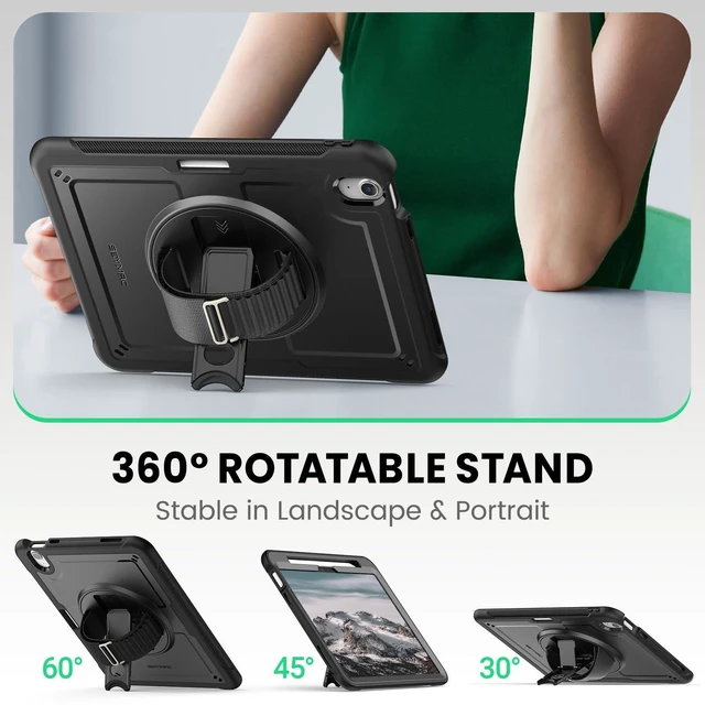 Alt view image 9 of 10 - SEYMAC for iPad Air 11 Inch Case M4 / M3 / M2 (2026/2025 / 2024), Full-Body Shockproof Protective Case with Screen Protector, Rotating Stand, Hand/Shoulder Strap, Black