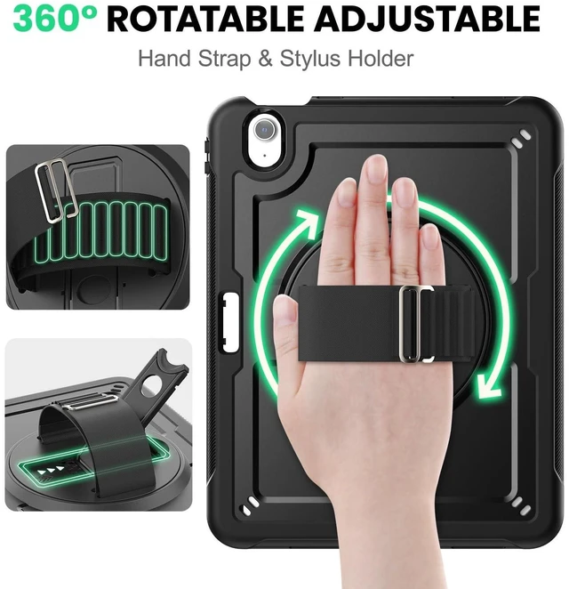 Alt view image 8 of 10 - SEYMAC for iPad Air 11 Inch Case M4 / M3 / M2 (2026/2025 / 2024), Full-Body Shockproof Protective Case with Screen Protector, Rotating Stand, Hand/Shoulder Strap, Black