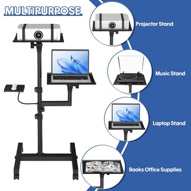 Alt view image 9 of 10 - GSOW 2 Shelves Mobile Projector Stand, Rolling Laptop Stand Adjustable Height to 47 Inches, Podium Stands with Ventilated Tray, Heavy Duty, Laptop Floor Stand for Office, Home, Stage, DJ