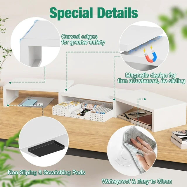 Alt view image 8 of 10 - OPNICE Desk Organizer, Dual Computer Monitor Stand Riser with Drawer, Office Desk Accessories & Workspace Organizers, White