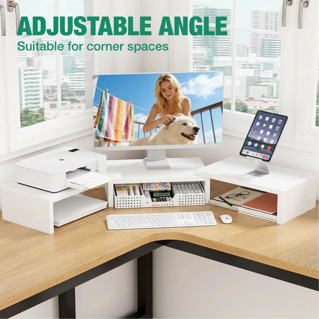 Alt view image 9 of 10 - OPNICE Desk Organizer, Dual Computer Monitor Stand Riser with Drawer, Office Desk Accessories & Workspace Organizers, White